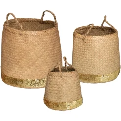 ATMOSPHERA Set de 3 paniers ronds à anses, roseau tressé, sequins dorés Sale
