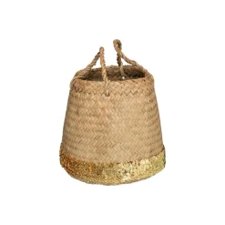 ATMOSPHERA Set de 3 paniers ronds à anses, roseau tressé, sequins dorés Sale